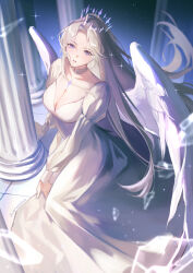  absurdres angel angel_wings blonde_hair breasts chest_tattoo choker cleavage collarbone commentary crown dress eyelashes eyes_visible_through_hair feathered_wings female four-pointed_star full_body glass_shards gown grey_choker hand_on_lap highres indoors juliet_sleeves large_breasts light_particles long_dress long_hair long_sidelocks long_sleeves looking_at_viewer original parted_lips parunchaa pillar pleated_dress puffy_long_sleeves puffy_sleeves purple_eyes sidelocks signature sitting solo sparkle spread_wings star_(symbol) star_tattoo tattoo tile_floor tiles untranslatable_commentary very_long_hair wavy_hair white_dress white_wings wings 