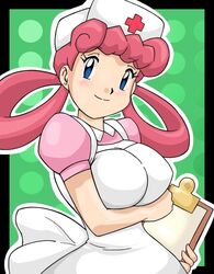  1girls big_breasts black_border blush breasts clothed eyelashes female female_only green_background headdress holding human long_hair nintendo nurse nurse_joy nurse_uniform pink_hair pokemon pokemon_rgby sinister_serpent smile solo standing twintails white_border 