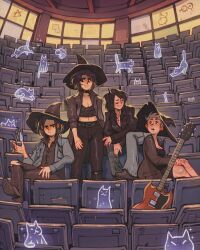  4girls artist_logo auditorium belt black_choker black_coat black_hair black_hat black_pants black_shirt black_shoes black_shorts blue_coat breasts brown_hair chair choker cleavage closed_eyes coat crop_top cross cross_necklace crossed_legs dated demon_girl demon_horns drumsticks feline ghost grey_pants guitar hand_on_own_thigh hat highres holding holding_drumsticks horns indoors instrument jewelry large_breasts light_frown logo looking_at_another looking_at_viewer medium_hair multiple_girls necklace original pants runes scoop_neck shirt shoes short_hair shorts simz sitting sitting_sideways small_breasts smile sparkle standing teeth too_many too_many_cats torn_clothes torn_pants upper_teeth_only wide-eyed window witch witch_hat 