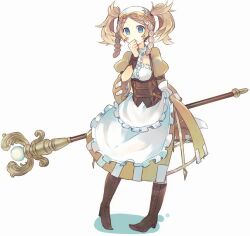  apron arm_behind_back bad_id bad_pixiv_id blonde_hair blue_eyes boots breasts brown_dress brown_footwear brown_hair center_frills corset covering_own_mouth crinoline dress female fire_emblem fire_emblem_awakening frilled_apron frills frown full_body hair_through_headwear hand_over_own_mouth hand_up hano_(hanosora) headdress holding holding_staff knee_boots layered_apron leather leather_boots light_brown_hair lissa_(fire_emblem) looking_at_viewer orb pigeon-toed puffy_short_sleeves puffy_sleeves short_sleeves short_twintails side_slit simple_background solo staff standing twintails white_apron white_background wrist_cuffs 