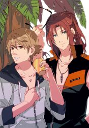  2boys bad_id bad_pixiv_id brown_eyes brown_hair casual collarbone eiyuu_densetsu green_eyes jewelry kazuki_(kazu-king) lloyd_bannings long_hair male_focus multiple_boys necklace photoshop_(medium) randolph_orlando red_hair smile sunglasses zero_no_kiseki 