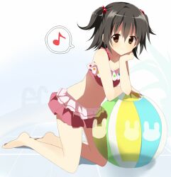  akagi_miria bad_id bad_pixiv_id beach bikini female fujishiro_emyu hair_bobbles hair_ornament head_rest idolmaster idolmaster_cinderella_girls musical_note navel polka_dot polka_dot_swimsuit swimsuit 