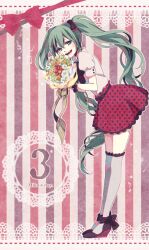  39 bad_id bad_pixiv_id bouquet dated female flower green_eyes green_hair hatsune_miku iwakamu long_hair miku_day musical_note open_mouth skirt solo striped striped_background thighhighs twintails very_long_hair vocaloid 