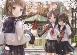  3girls brown_eyes brown_hair building cherry_blossoms commentary_request diploma graduation hair_ornament hairclip highres holding long_hair looking_at_viewer multiple_girls neckerchief one_eye_closed open_mouth original petals photoshop_(medium) pleated_skirt school_uniform serafuku short_hair side_ponytail skirt smile taka_(tsmix) tears tube v wiping_tears x_hair_ornament 