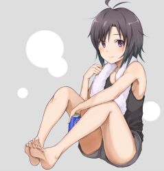  ahoge antenna_hair barefoot black_hair can commentary drink feet female full_body idolmaster idolmaster_(classic) kikuchi_makoto legs looking_at_viewer pocari_sweat purea purple_eyes short_hair shorts simple_background sitting smile soles solo toes towel 