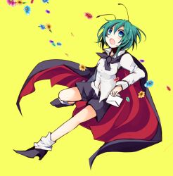  antennae bad_id bad_pixiv_id blue_eyes cape commentary_request envelope female flower green_hair high_heels open_mouth pants shoes short_hair solo touhou wriggle_nightbug yellow_background yukimiya_(parupunta) 