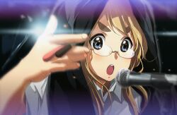  71_(nanaichi_drafting) :o bespectacled blonde_hair blue_eyes casual commentary_request female food glasses hands hood k-on! kotobuki_tsumugi microphone microphone_stand open_mouth photoshop_(medium) pocky round_teeth solo strawberry_pocky teeth 