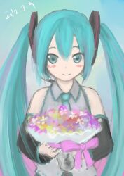  39 aqua_eyes aqua_hair aqua_necktie blush bouquet bow dated detached_sleeves female flower hatsune_miku headset highres long_hair md5_mismatch miku_day necktie pink_bow pink_ribbon resolution_mismatch ribbon smile solo source_larger taka_(tsmix) twintails upper_body vocaloid 