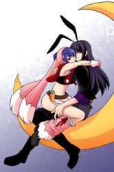  animal_ears asaki_yukia black_hair blue_hair carrot closed_eyes judith long_hair moon red_eyes star tales_of_(series) tales_of_vesperia yuri_lowell 