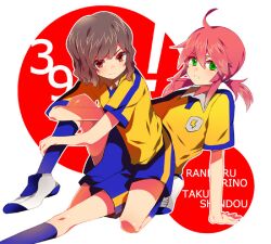  2boys akishima_kei bad_id bad_pixiv_id brown_eyes brown_hair green_eyes inazuma_eleven_(series) inazuma_eleven_go kirino_ranmaru long_hair multiple_boys pink_hair shindou_takuto smile soccer_uniform sportswear twintails uniform_number 