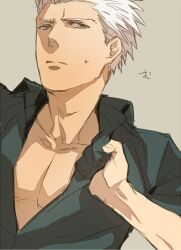  1boy archer_(fate) bad_id bad_pixiv_id casual dark-skinned_male dark_skin fate/hollow_ataraxia fate/stay_night fate_(series) grabbing grey_background grey_eyes male_focus simple_background solo sukumaraku white_hair 