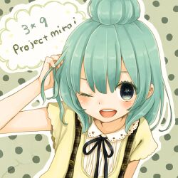  bad_id bad_pixiv_id female green_eyes green_hair hair_bun hand_on_own_head hatsune_miku hello/how_are_you_(vocaloid) lowres miku_day mizutamako one_eye_closed open_mouth polka_dot project_mirai single_hair_bun solo star_(symbol) vocaloid 