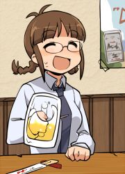  akizuki_ritsuko alcohol antenna_hair beer beer_mug braid brown_hair chopsticks closed_eyes commentary_request cup female glasses haiteku holding holding_cup idolmaster idolmaster_(classic) mug necktie open_mouth partial_commentary smile solo sweat twin_braids 