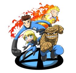  3boys animification ben_grimm black_hair blonde_hair blue_eyes brother_and_sister commentary_request elasticity fantastic_four female fire johnny_storm marvel multiple_boys rariatto_(ganguri) reed_richards siblings stretched_limb sue_storm 