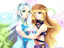  2girls aqua_hair arm_grab blonde_hair blue_hair breast_grab breast_press breasts choker female grabbing green_eyes green_hair hug long_hair milla_maxwell multicolored_hair multiple_girls muse_(tales_of_xillia) muzet_(tales) pointy_ears red_eyes smile symmetrical_docking tales_of_(series) tales_of_xillia two-tone_hair very_long_hair yuri 