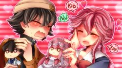  1boy amano_yukiteru blush closed_eyes couple doll female gasai_yuno heart mirai_nikki pink_hair school_uniform 