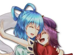  2girls ^_^ bad_id bad_pixiv_id blue_hair closed_eyes commentary_request hair_rings hug jiangshi kaku_seiga miyako_yoshika multiple_girls ofuda open_mouth outstretched_arms pandora-ex purple_hair shawl short_hair smile touhou upper_body zombie_pose 