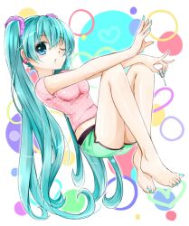  applying_manicure applying_pedicure aqua_eyes aqua_hair bad_id bad_pixiv_id barefoot earrings feet female fingernails hands hatsune_miku hazuki_natsu heart jewelry long_hair midriff nail_polish one_eye_closed painting_fingernails scrunchie shorts sitting solo toenail_polish toenails twintails very_long_hair vocaloid 