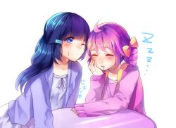  2girls aoki_reika bad_id bad_pixiv_id blue_eyes blue_hair blush bow closed_eyes drill_hair hairbow hand_on_own_cheek hand_on_own_face head_rest hoshizora_miyuki long_hair meronpanna_(mikoniito) multiple_girls one_eye_closed pajamas pink_hair pink_vest precure saliva short_hair short_twintails sleeping smile_precure twin_drills twintails vest white_background 