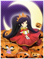  ashley_(warioware) black_hair candy checkered_background commentary_request crescent_moon facial_hair female food halloween jack-o&#039;-lantern lollipop long_hair moon moriko_(morikoko) moustache mouth_hold objectification pantyhose pumpkin red_eyes stuffed_animal stuffed_rabbit stuffed_toy wario warioware 