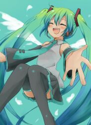  closed_eyes commentary_request detached_sleeves female foreshortening green_hair hatsune_miku headset long_hair necktie open_mouth skirt solo sudachi_(calendar) thighhighs twintails very_long_hair vocaloid wings 