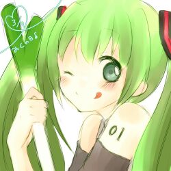  39 bad_id bad_pixiv_id bare_shoulders dated detached_sleeves female green_eyes green_hair hatsune_miku koro_(ktdfn956) long_hair miku_day no_nose one_eye_closed solo spring_onion twintails vocaloid 