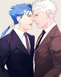  2boys archer_(fate) bad_id bad_pixiv_id blue_hair cu_chulainn_(fate) cu_chulainn_(fate/stay_night) dark-skinned_male dark_skin earrings fate/stay_night fate_(series) formal jewelry long_hair male_focus multiple_boys necktie photoshop_(medium) ponytail red_eyes suit sukumaraku white_hair 