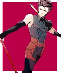  1boy ahoge bad_id bad_pixiv_id black_hair diarmuid_ua_duibhne_(lancer)_(fate) dual_wielding fate/zero fate_(series) gae_buidhe_(fate) gae_dearg_(fate) holding male_focus mole mole_under_eye photoshop_(medium) pink_background polearm simple_background solo spear sukumaraku weapon yellow_eyes 