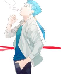  1boy bad_id bad_pixiv_id blue_hair casual cigarette cu_chulainn_(fate) cu_chulainn_(fate/stay_night) earrings fate/stay_night fate_(series) hand_in_pocket jewelry long_hair male_focus photoshop_(medium) ponytail red_eyes smoking solo sukumaraku 