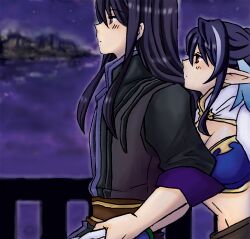  asaki_yukia black_hair blue_hair breasts gloves grey_eyes judith long_hair lowres navel red_eyes tales_of_(series) tales_of_vesperia yuri_lowell 