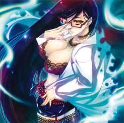  breasts cleavage glasses highres katagiri_hinata large_breasts lingerie long_hair purple_hair skirt thighhighs underwear yellow_eyes 