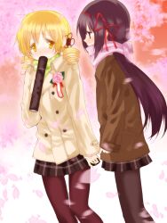  2girls akemi_homura black_eyes black_hair black_legwear blonde_hair blush coat commentary_request diploma drill_hair flower graduation hair_ornament hair_ribbon long_hair long_sleeves mahou_shoujo_madoka_magica mahou_shoujo_madoka_magica_(anime) md5_mismatch multiple_girls myama pantyhose petals pleated_skirt profile ribbon rose scarf skirt sleeves_past_wrists tears tomoe_mami tube twin_drills twintails yellow_eyes 