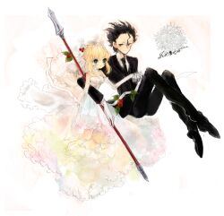  1boy ahoge artoria_pendragon_(fate) bad_id bad_pixiv_id bare_shoulders black_eyes black_hair blonde_hair bridal_veil bride couple diarmuid_ua_duibhne_(lancer)_(fate) dress elbow_gloves fate/zero fate_(series) female gloves green_eyes hcnsa highres holding_hands photoshop_(medium) polearm saber_(fate) spear straight tuxedo veil weapon wedding_dress white_gloves 