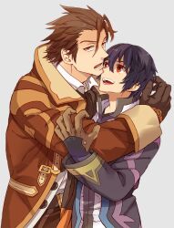  2boys alvin_(tales) ascot black_gloves black_hair brown_eyes brown_hair coat commentary_request gloves grey_background hug jude_mathis male_focus multiple_boys photoshop_(medium) ritsuko_(rittii) tales_of_(series) tales_of_xillia 