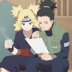  1boy black_hair blonde_hair commentary_request dango earrings eating female fishnets food green_eyes jewelry lazy_rabbit long_hair nara_shikamaru naruto_(series) naruto_shippuuden paper ponytail quad_tails tea temari_(naruto) wagashi 