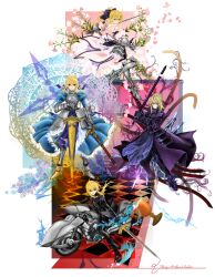  4girls absurdres ahoge armor armored_dress artoria_pendragon_(fate) avalon_(fate/stay_night) bare_shoulders blonde_hair bow caliburn_(fate) commentary_request dark_persona decagram detached_sleeves dress excalibur_(fate/stay_night) excalibur_morgan_(fate) fate/stay_night fate/unlimited_codes fate/zero fate_(series) flower formal gauntlets green_eyes hair_ribbon hairbow hand_on_hilt highres holding holding_sword holding_weapon light_persona lily_(flower) long_hair manbosakuranbo md5_mismatch motor_vehicle motorcycle multiple_girls multiple_persona name_connection necktie object_namesake pant_suit pants petals planted planted_sword ponytail reverse_grip ribbon saber_(fate) saber_alter saber_lily sheath sheathed suit sword weapon white_flower white_lily yellow_eyes 