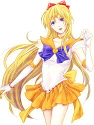  :o aino_minako back_bow bishoujo_senshi_sailor_moon blonde_hair blue_eyes bow bracelet brooch choker collarbone commentary_request earrings elbow_gloves female gloves heart heart_brooch jewelry kuro_kiri long_hair looking_at_viewer magical_girl orange_choker orange_sailor_collar orange_skirt red_bow sailor_collar sailor_senshi_uniform sailor_venus skirt solo standing star_(symbol) star_choker super_sailor_venus tiara venus_chain_(sailor_moon) venus_symbol white_background white_gloves 