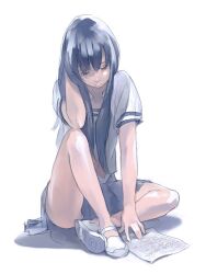  academic_test arm_behind_head bare_legs black_hair commentary_request female hand_in_own_hair highres indian_style legs long_hair original pomodorosa sad school_uniform serafuku shadow simple_background sitting solo 