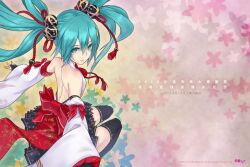  back detached_sleeves female green_eyes green_hair hatsune_miku highres long_hair looking_at_viewer looking_back nidy ribbon-trimmed_clothes ribbon_trim smile solo thighhighs twintails vocaloid 