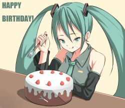  aqua_eyes aqua_hair bad_id bad_pixiv_id cake crazyodin english_text female food fork happy_birthday hatsune_miku highres long_hair necktie photoshop_(medium) solo twintails vocaloid 