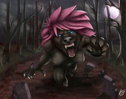  angry anthro blood blue_eyes bodily_fluids brown_body brown_fur canid canine claws fangs female fur hair isabella_price mammal mythological_canine mythological_creature mythology night nude obsidianwolfess pink_hair solo teeth were werecanid werecanine werewolf 