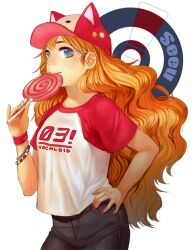  animal_hat bad_id bad_pixiv_id badge baseball_cap blonde_hair blue_eyes bracelet button_badge candy casual female food hat jewelry lollipop long_hair looking_at_viewer nagu nail_polish photoshop_(medium) raglan_sleeves seeu solo vocaloid 