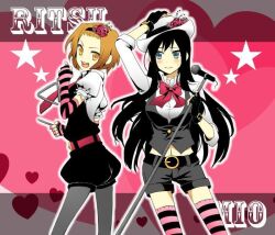  2girls akiyama_mio black_hair blush fashion k-on! long_hair microphone multiple_girls navel pantyhose shivue tainaka_ritsu thighhighs 