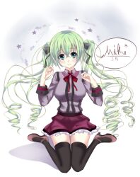  aqua_eyes aqua_hair bad_id bad_pixiv_id bow drill_hair female hairbow hatsune_miku long_hair miku_day open_mouth sieru sitting smile solo thighhighs twintails very_long_hair vocaloid wariza 