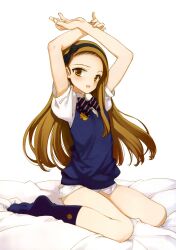  :d arms_up blush brown_eyes brown_hair female flat_chest forehead hairband highres idolmaster idolmaster_(classic) legs long_hair long_legs looking_at_viewer minase_iori no_pants open_mouth oyari_ashito panties ribbon school_uniform shirt smile socks solo thighs underwear 