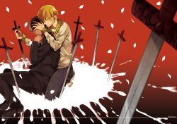  2boys bad_id bad_pixiv_id black_keys_(type-moon) blonde_hair bracelet brown_hair casual cross cross_necklace fate/zero fate_(series) gilgamesh_(fate) jewelry kotomine_kirei male_focus multiple_boys necklace official_alternate_costume petals vox 