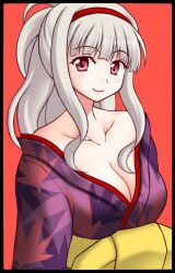  breasts cleavage collarbone commentary_request female grey_hair hairband idolmaster idolmaster_(classic) japanese_clothes kimono large_breasts long_hair ponytail red_eyes shijou_takane smile solo utomo 