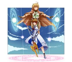  1boy aomidori_(krkg) bad_id bad_pixiv_id blue_eyes brown_hair cape closed_eyes dress female fingerless_gloves gloves hair_ribbon highres lyrical_nanoha magic_circle mahou_shoujo_lyrical_nanoha raising_heart raising_heart_(buster_mode) ribbon short_hair short_twintails shorts staff takamachi_nanoha takamachi_nanoha_(sacred_mode) twintails yuuno_scrya 