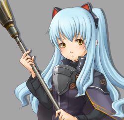  :&lt; animal_ears blue_hair coat commentary_request eiyuu_densetsu fake_animal_ears female grey_background light_blue_hair long_hair masakazu_yamato painttool_sai_(medium) solo staff tio_plato two_side_up yellow_eyes zero_no_kiseki 