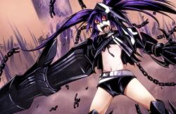  arm_cannon black_hair black_rock_shooter black_shorts blue_eyes chains choker claws commentary_request crazy dos_(james30226) female insane_black_rock_shooter jacket midriff multicolored_eyes navel open_mouth photoshop_(medium) red_eyes scar shorts solo spoilers twintails weapon 